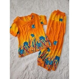 Tropical Floral 2 Piece Set Orange Yellow Blue‎ Blouse and Maxi Skirt Outfit Y2K